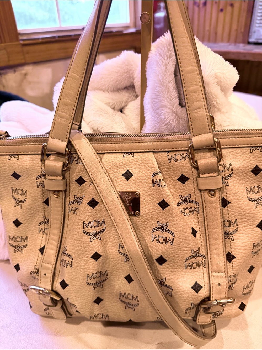 MCM Beige Monogram Tote with Gold Hardware Authentic